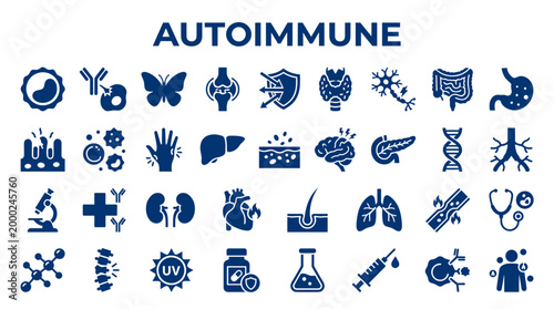 Autoimmune disease concept icons showing body organs immune system cells and medical research symbols on a blue background