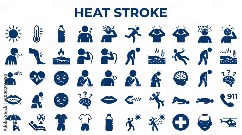 Fototapeta premium Heat Stroke Symptoms and Prevention Icons Collection Illustrating Health Risks During Hot Weather Conditions and Emergency Response