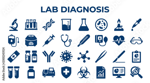 Lab Diagnosis Icons Set Medical Research Healthcare Science Laboratory Equipment and Symbols Collection