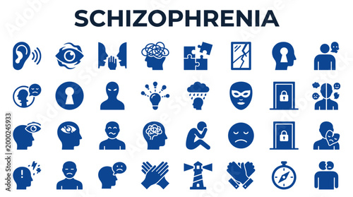 Schizophrenia mental health disorder concept with icons representing hallucinations delusions confusion isolation and psychological distress