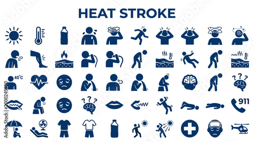 Heat Stroke Symptoms and Prevention Icons Collection Illustrating Health Risks During Hot Weather Conditions and Emergency Response