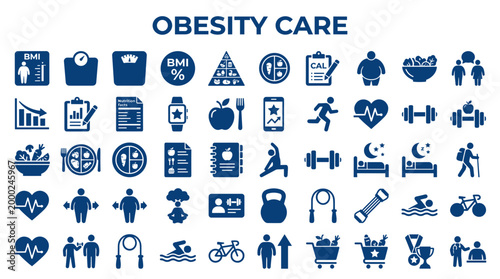 Obesity Care Health Icons and Symbols Representing Weight Management Fitness Diet Exercise and Healthy Lifestyle Choices