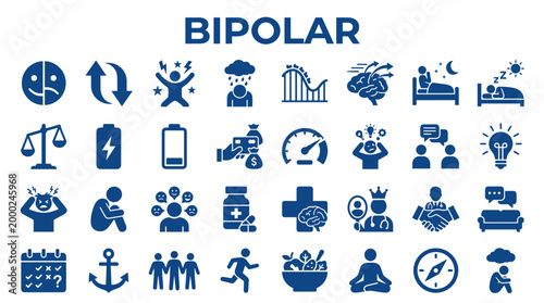 Bipolar disorder mental health icons representing mood swings, depression, anxiety, medication, therapy, and emotional well-being concepts