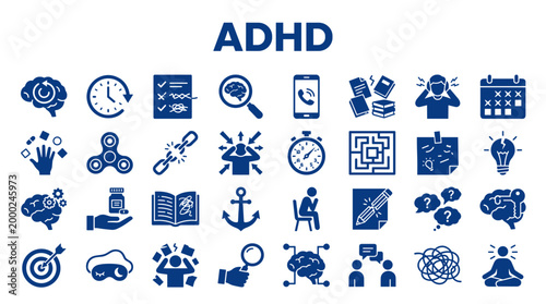 ADHD concept with icons representing focus attention disorder symptoms and challenges in brain function and daily life activities