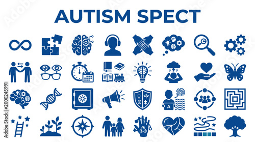 Autism awareness concept with diverse icons representing neurodiversity, support, and understanding of spectrum conditions