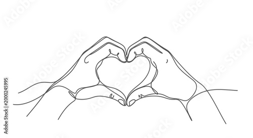 Continuous line drawing of hands forming a heart shape, minimalist love symbol.