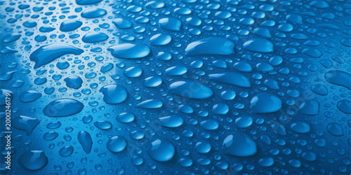 A macro shot captures the captivating beauty of countless water droplets on a lustrous, blue surface, revealing intricate details and patterns. 