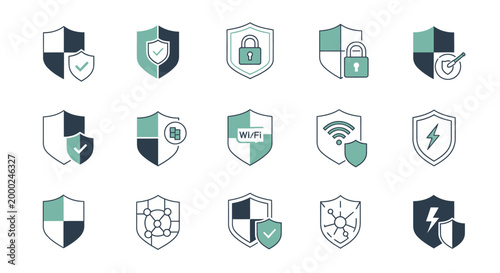 Cyber Security Shield Icons: Protection, Safety, Network, Data, Wifi, Lock, Target
