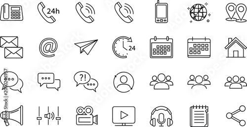 Set of Communication and Media Icons Including Phone, Email, Messaging, Video, and Social Media Symbols for Digital Design
