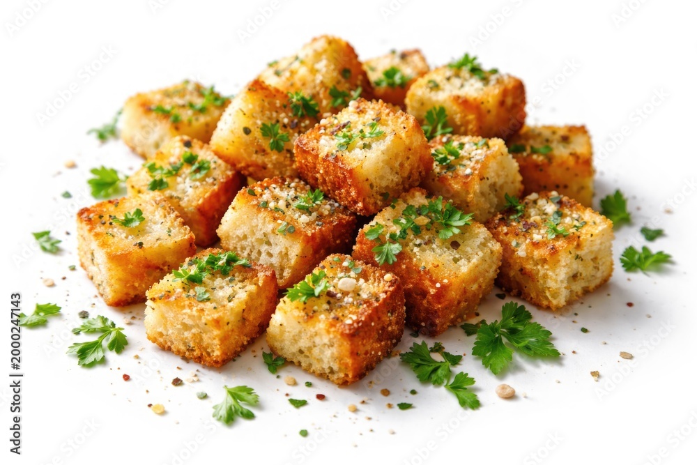 Fototapeta premium Fresh herb garnished crunchy croutons placed on a bright white backdrop ideal for culinary presentations