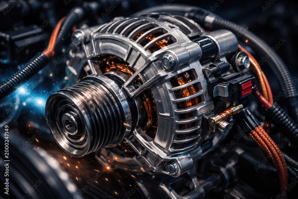 Obraz premium Closeup image of a car alternator with visible wiring