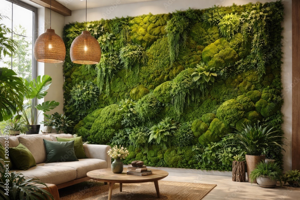 Fototapeta premium Indoor decorative moss wall showcasing lush green textures for eco friendly spaces