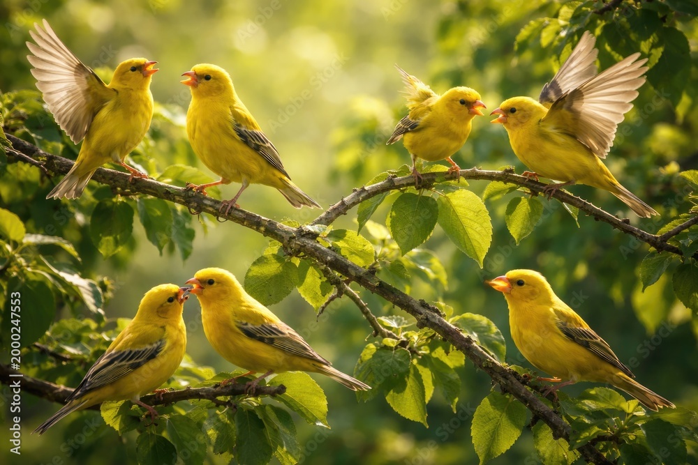 Fototapeta premium Joyful small yellow birds actively interacting on green leafy tree branches