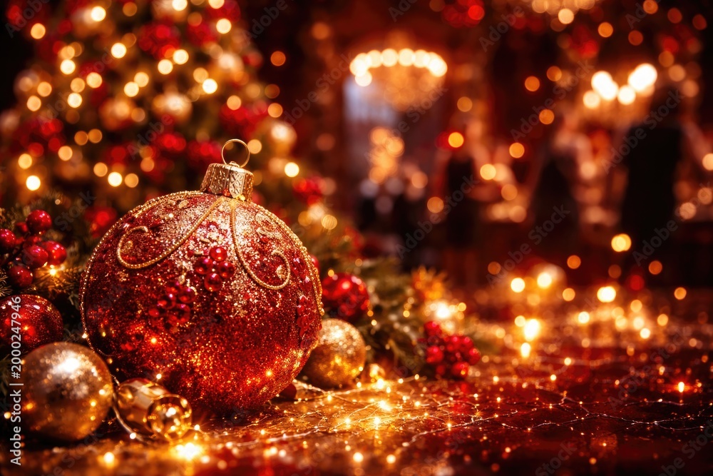 Fototapeta premium Christmas celebration featuring a holiday ball with sparkling decorations and vivid red lights on a dark festive bokeh scene