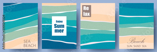 Poster with a sea beach view. Set of summer abstract backgrounds. Illustration with a tropical sea and coastline. Banner, advertising design. Summer holidays, travel, vacation illustrations 
