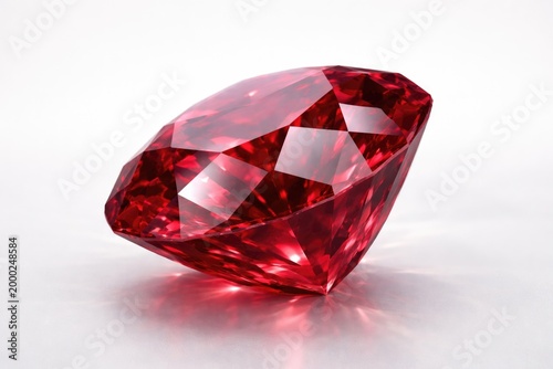 Natural red ruby gem with complex cuts set on clear neutral background