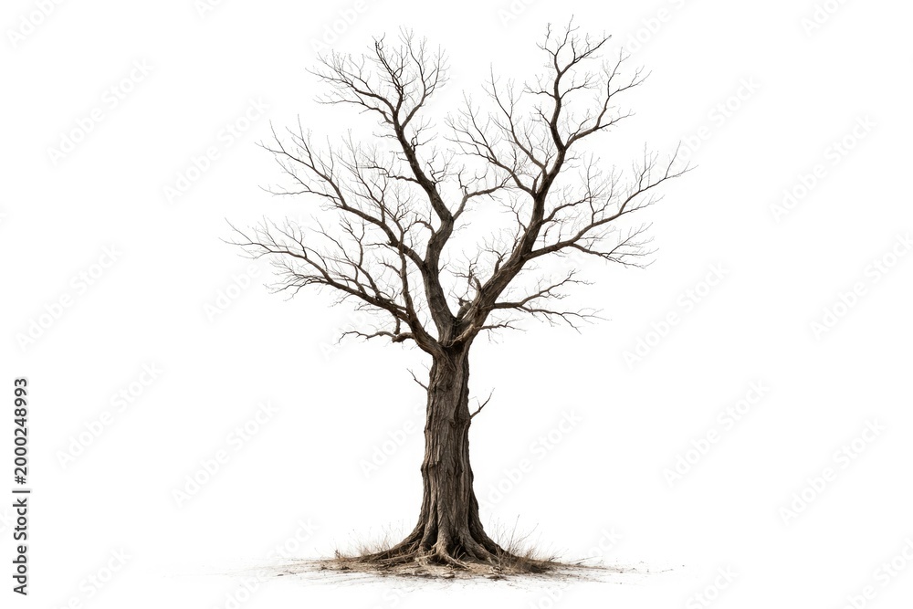 Fototapeta premium Isolated dry leafless tree with rough bark on minimal white background