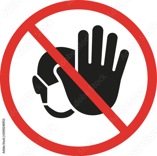 Prohibition sign vector icon showing hand gesture and face symbol for no access restricted area entry denial and safety warning graphics