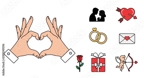 Love and Romance Icons: Hands forming heart, couple silhouette, rings, rose, gift, cupid, arrow heart