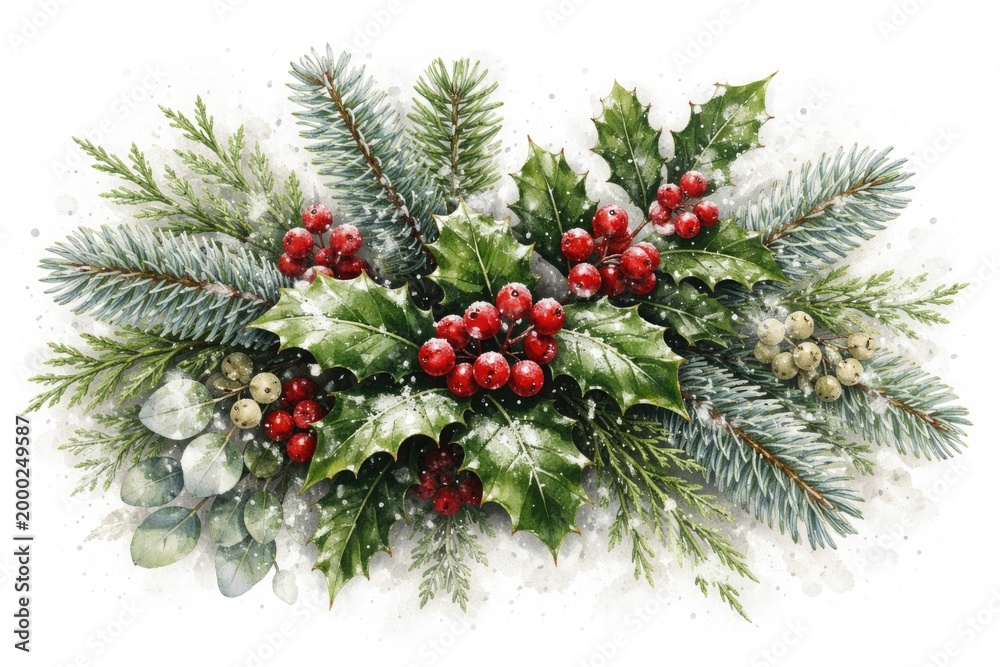 Fototapeta premium Decorative winter greenery with holly berries and fir twigs in hand drawn style