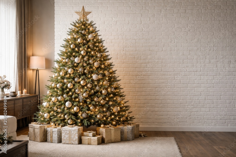 Fototapeta premium Christmas pine tree positioned by a white brick wall in a contemporary stylish interior with copy space