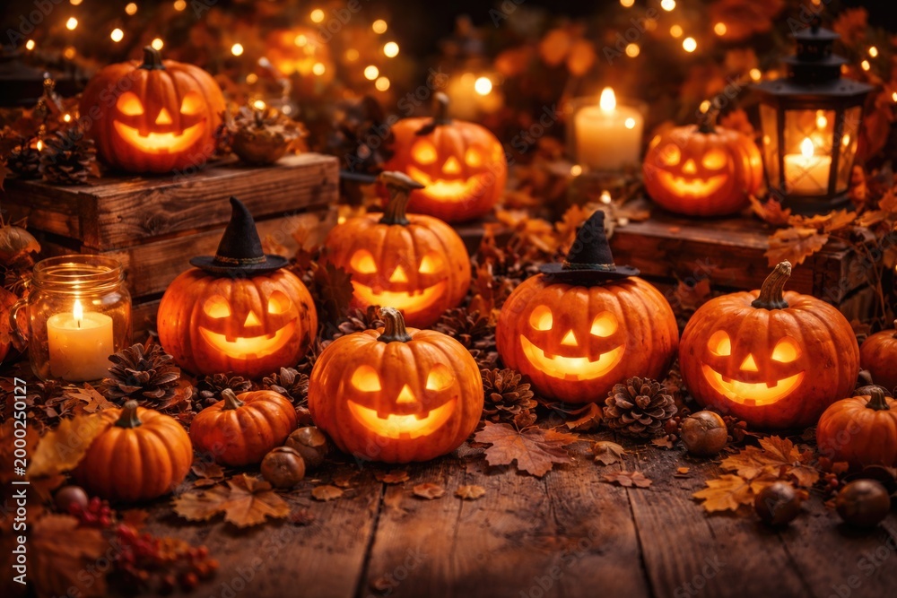 Fototapeta premium Cheerful mini pumpkins used in creative Halloween decoration setups