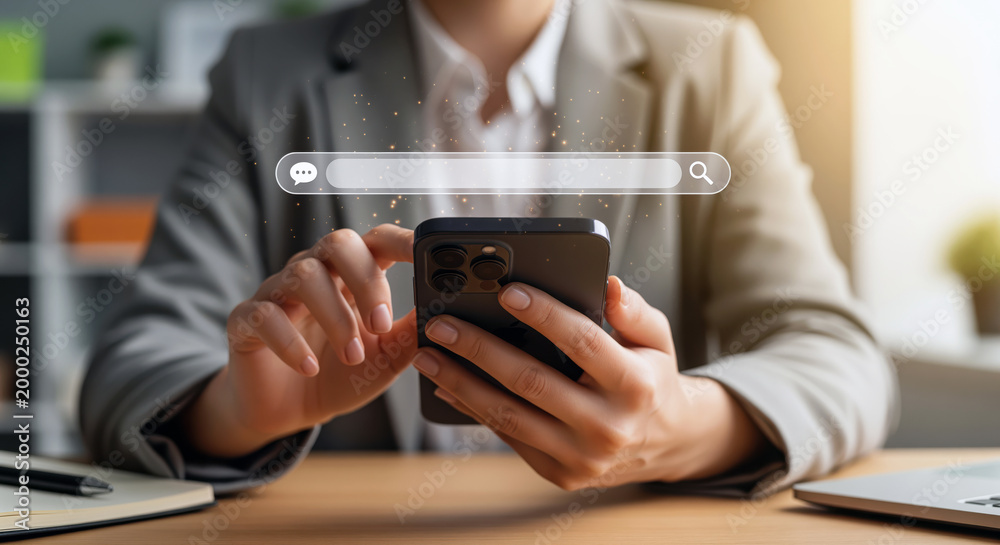 Fototapeta premium A search query becomes the main business message here, useful for online lookup, SEO research, help center navigation, information access, support articles and data discovery in daily work tasks