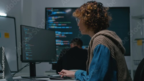 Adult male,asian female freelance typing write prompt AI bot IT app smart program,develop agentic ai,terminal with coding language,ux ui interface,designer,big data server center,quantum computer.
