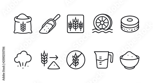 Set of outline icons for flour production and baking process.