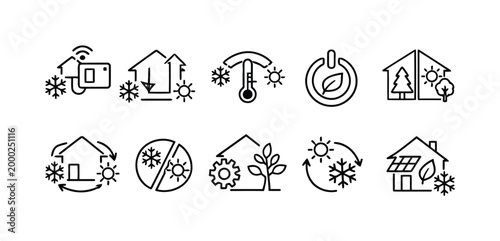 Smart home climate control and energy saving icons.