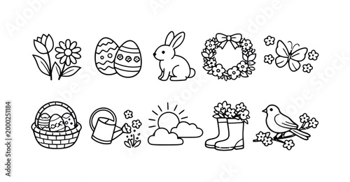 Spring holiday icons set with easter bunny, eggs, flowers, basket, and garden tools.