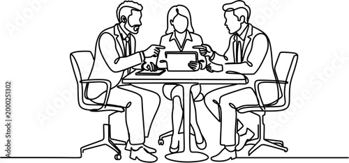 Continuous line drawing of business team having a meeting and discussing work on a tablet