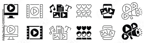 Various media and communication icons for digital content creation sharing and audience engagement.