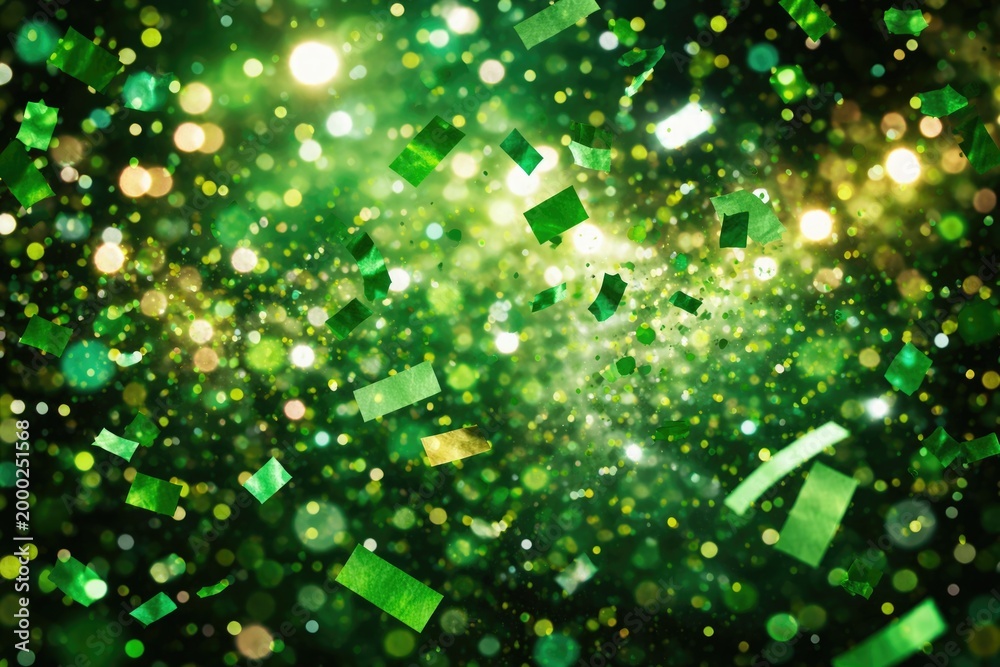 Fototapeta premium Energetic airborne green confetti creating a party mood with shimmering bokeh