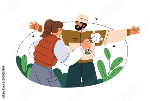 Spraying repellent outdoors. Couple applying anti-insect chemical on clothing. Aerosol for mosquito, midge, tick bites protection, prevention. Flat vector illustration isolated on white background