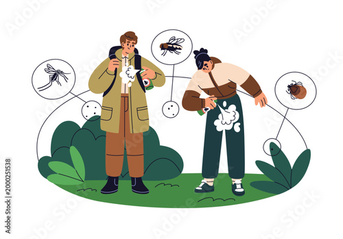 People spraying aerosol repellent outdoors in nature. Applying anti-insect chemical from sprayer bottle. Mosquito, wasp, tick bites protection. Flat vector illustration isolated on white background