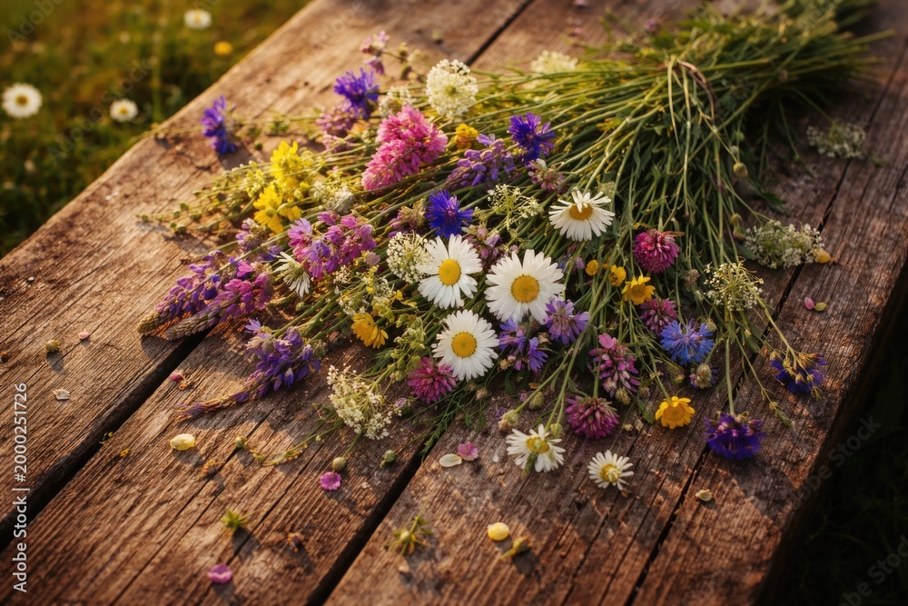 Fototapeta premium High angle shot displaying summer wildflowers resting on a rough wooden grain backdrop
