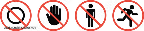 No entry no running no stopping prohibition sign set with red crossed circle icons for warning safety control and public regulation graphics