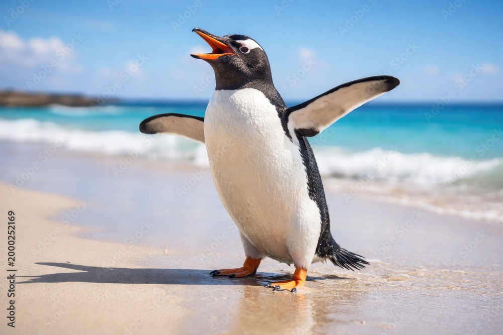 Fototapeta premium Gentoo penguin in a joyful pose on a smooth sandy beach with clear skies