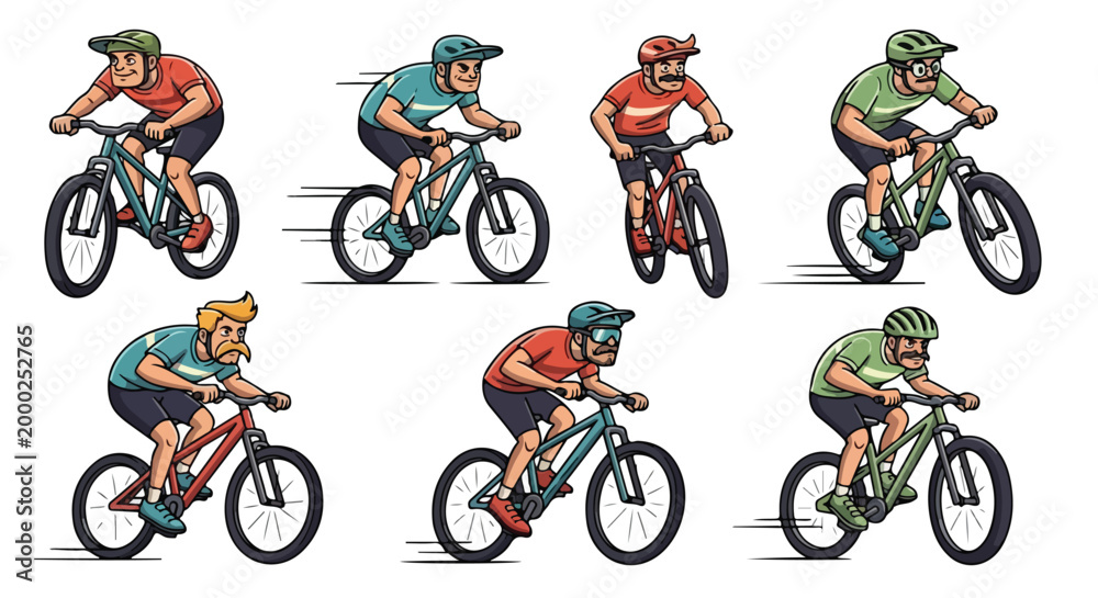 Fototapeta premium Cyclists on mountain bikes in action vector illustration