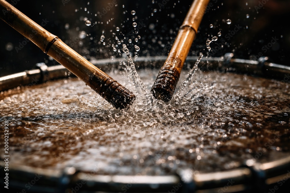 Naklejka premium Close up of bamboo sticks generating rhythmic water splashes on wet drum skin