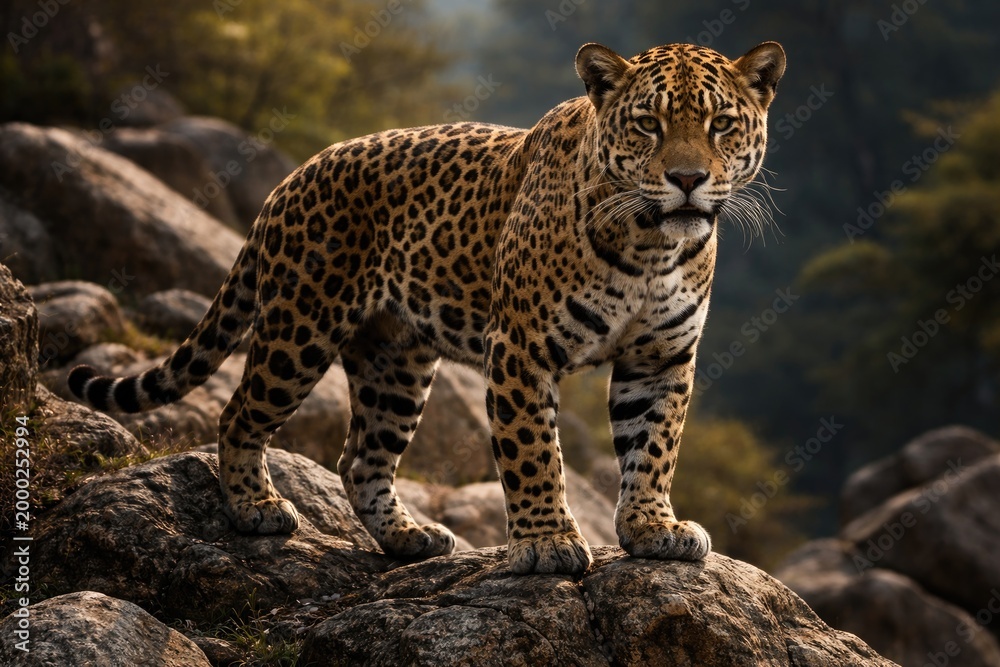 Fototapeta premium Alert jaguar standing on rocky terrain