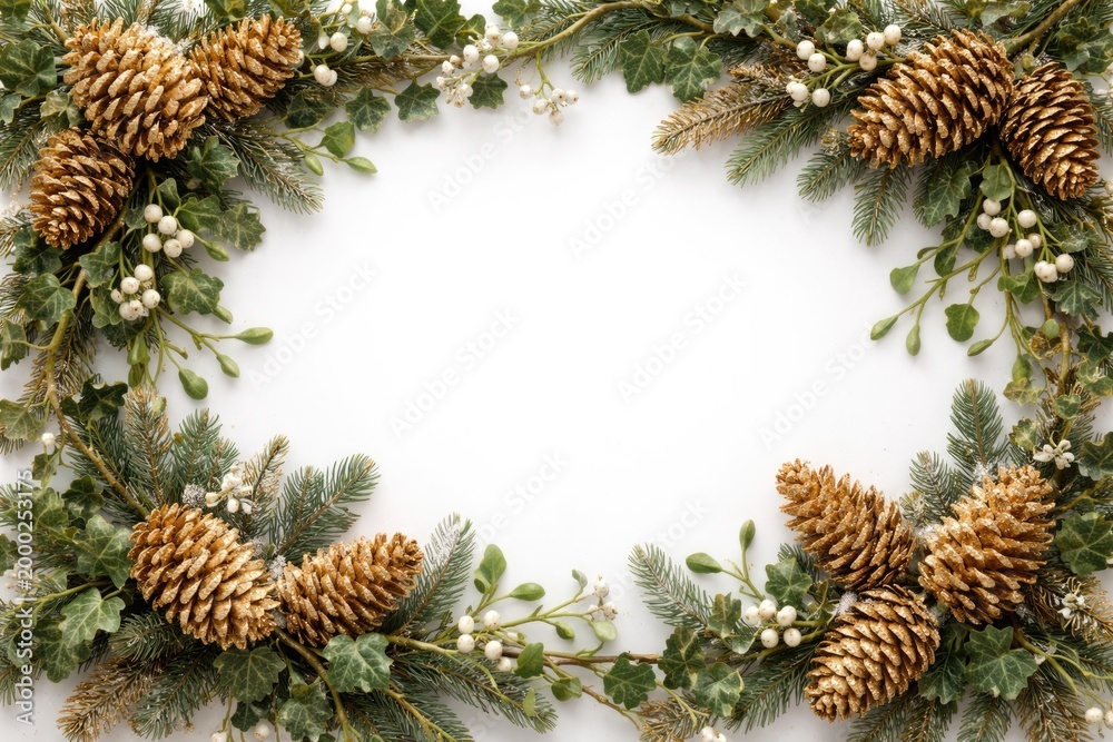 Obraz premium Festive frame showcasing gold pine cones intertwined with ivy and mistletoe on white background