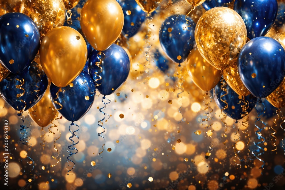 Fototapeta premium Festive celebration background showcasing shiny gold and blue balloons with glittering confetti and ribbon decorations