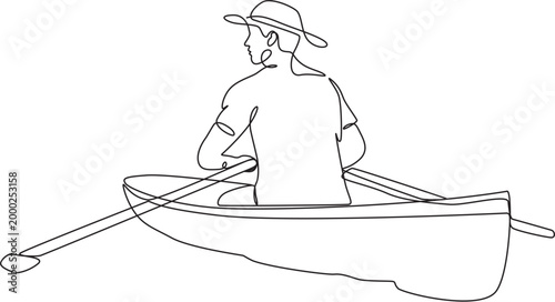 Man rowing boat in water continuous line art drawing.