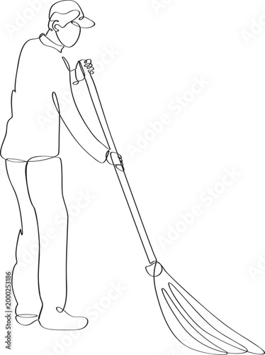 Man sweeping road with broom continuous line art illustration.
