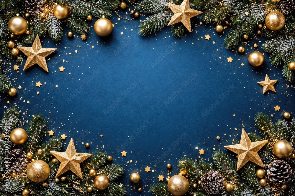 Fototapeta premium Blue background Christmas composition with golden stars fir branches and baubles in a flat layout with copy space