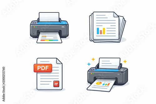 Illustration of printers, document stacks, and pdf files with charts