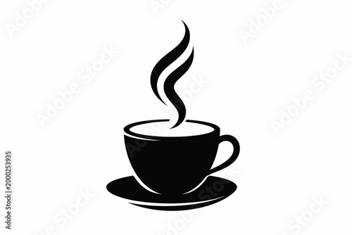 Simple black silhouette of a steaming coffee cup on white background