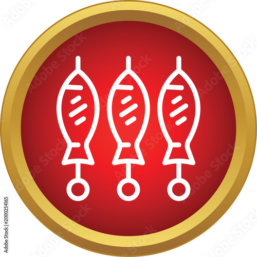 Three prepared fish pieces on skewers inside a red circle with a golden frame